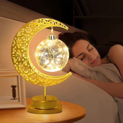 LED Moon Lamp – Golden Crescent Decorative Table Lamp with Hanging Star | Warm White Fairy Light Night Lamp