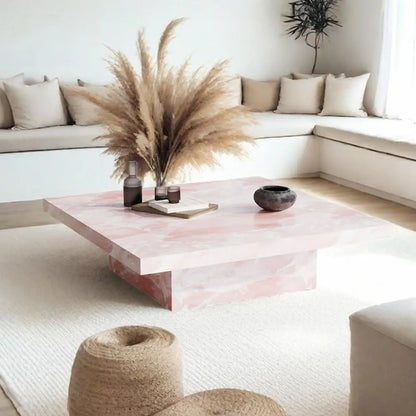 Pink Jade Marble Coffee Table – Luxury Stone Square Tea Table, Designer Living Room Centerpiece for Modern Home