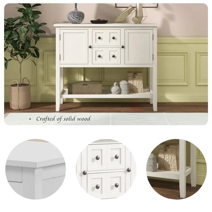 White Wood Sideboard With Drawers and Shelf