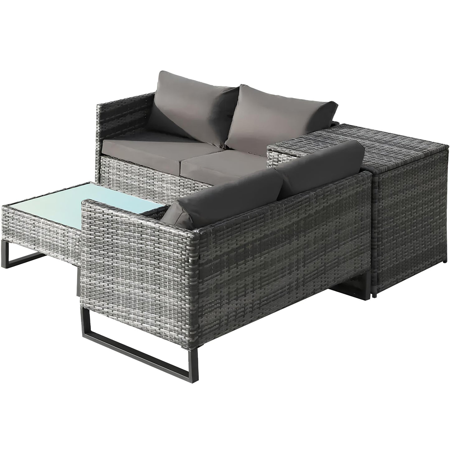 4-teiliges Garten-Rattan-Ecksofa-Set, Gartenmöbel, Terrassensofa mit Aufbewahrungsbox