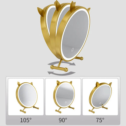 Smart LED Makeup Mirror with Touch Control – Cat-Ear Lighted Vanity Mirror for Bedroom, Desk & Dressing Table