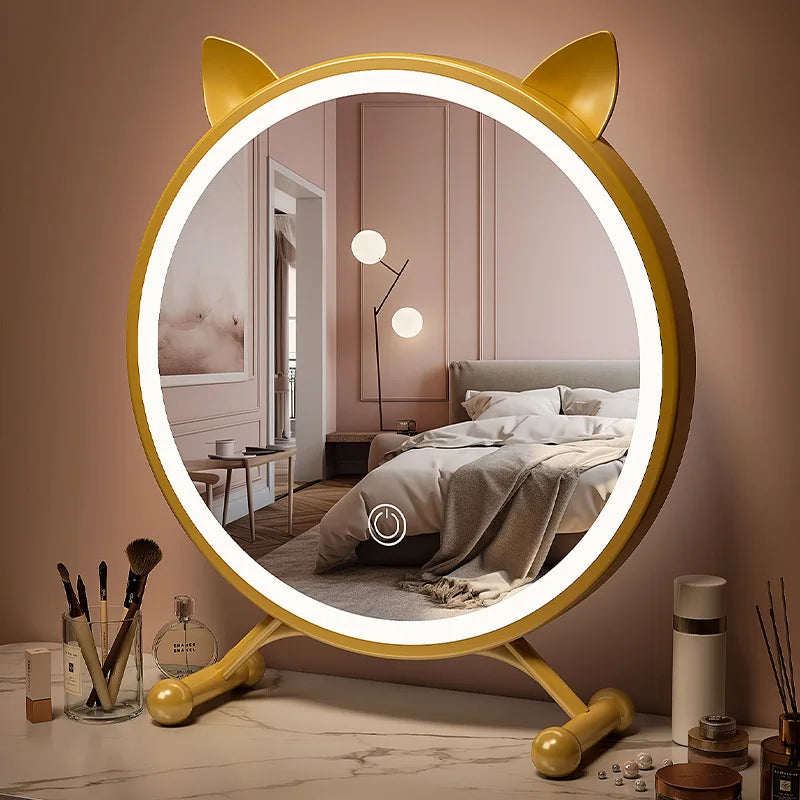 Smart LED Makeup Mirror with Touch Control – Cat-Ear Lighted Vanity Mirror for Bedroom, Desk & Dressing Table