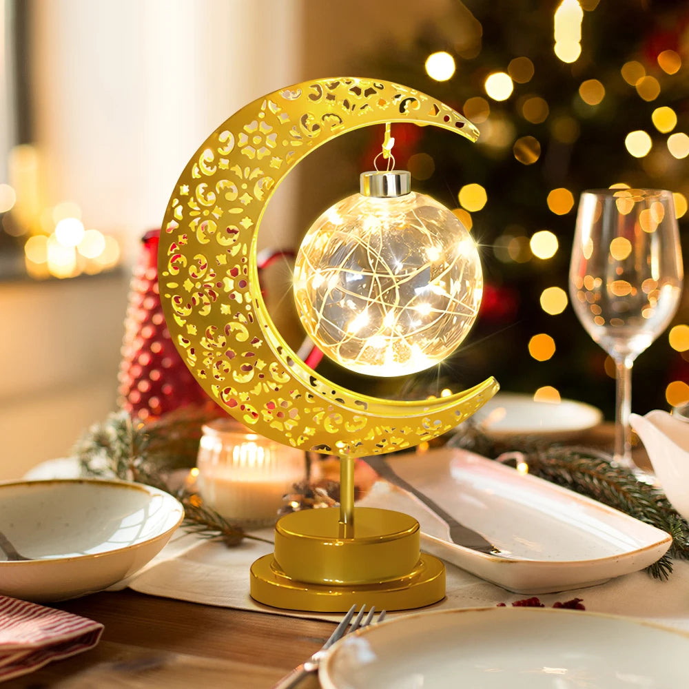 LED Moon Lamp – Golden Crescent Decorative Table Lamp with Hanging Star | Warm White Fairy Light Night Lamp