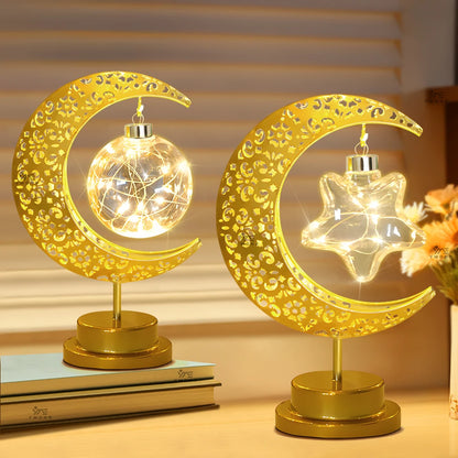 LED Moon Lamp – Golden Crescent Decorative Table Lamp with Hanging Star | Warm White Fairy Light Night Lamp