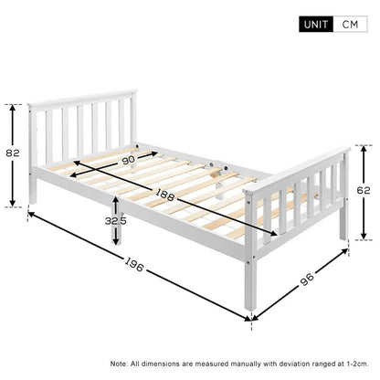 Solid Pine Wood White Single Bed Frame