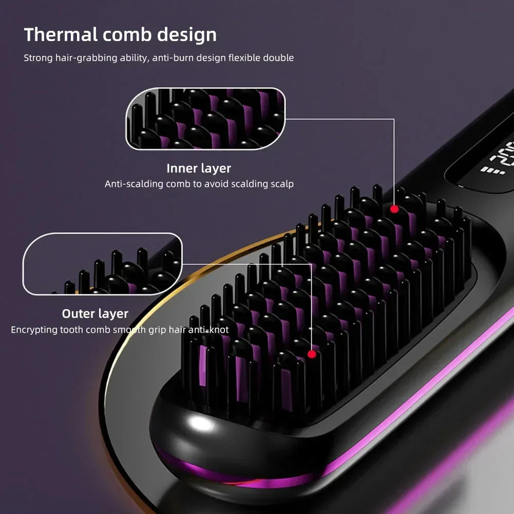 LCD Straight Hair Comb – Portable Cordless USB Hair Straightener & Anti-Scald Heated Styling Brush