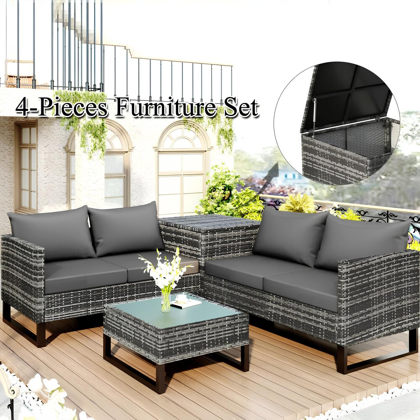 4-teiliges Garten-Rattan-Ecksofa-Set, Gartenmöbel, Terrassensofa mit Aufbewahrungsbox