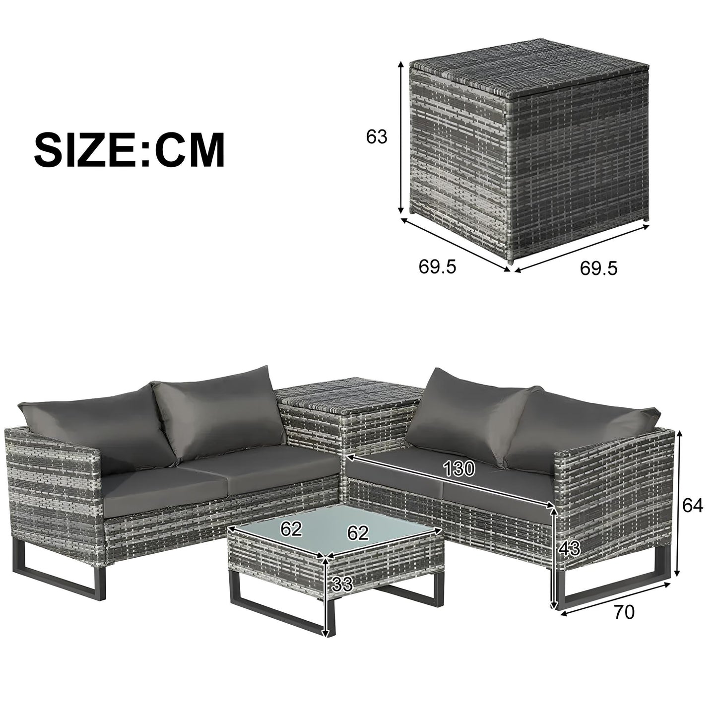 4-teiliges Garten-Rattan-Ecksofa-Set, Gartenmöbel, Terrassensofa mit Aufbewahrungsbox