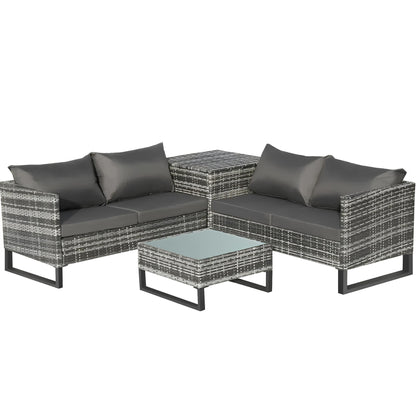 4-teiliges Garten-Rattan-Ecksofa-Set, Gartenmöbel, Terrassensofa mit Aufbewahrungsbox