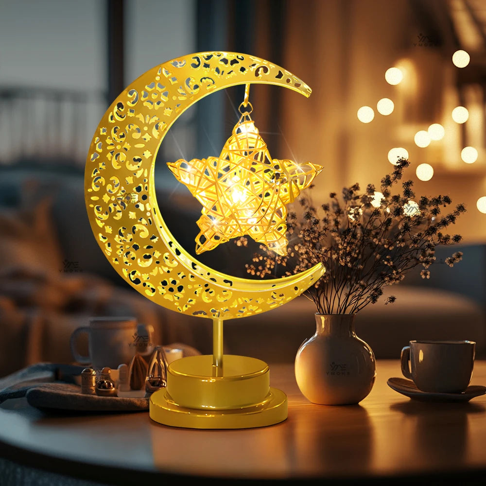 LED Moon Lamp – Golden Crescent Decorative Table Lamp with Hanging Star | Warm White Fairy Light Night Lamp