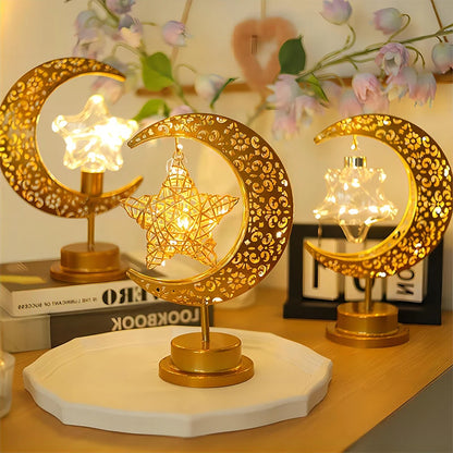 LED Moon Lamp – Golden Crescent Decorative Table Lamp with Hanging Star | Warm White Fairy Light Night Lamp