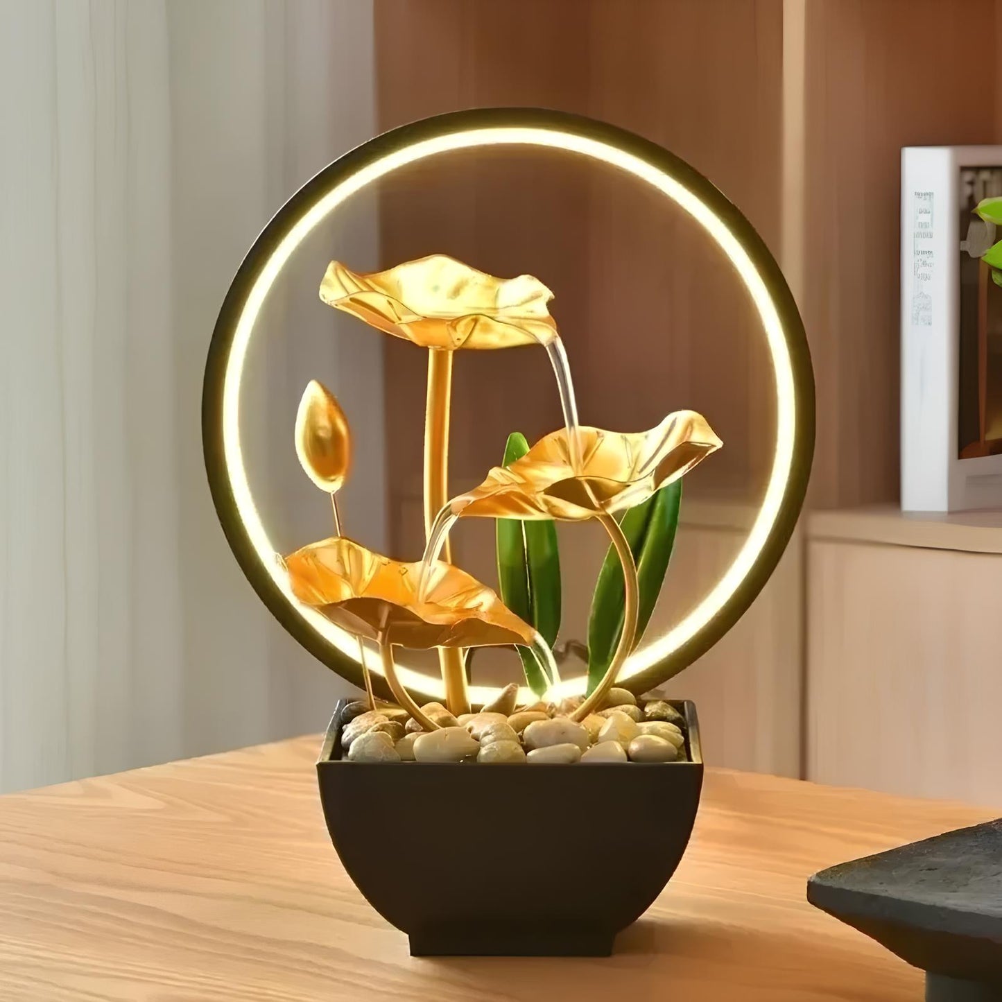 3-stufiger Springbrunnen für den Schreibtisch mit umlaufenden LED-Ringlichtern