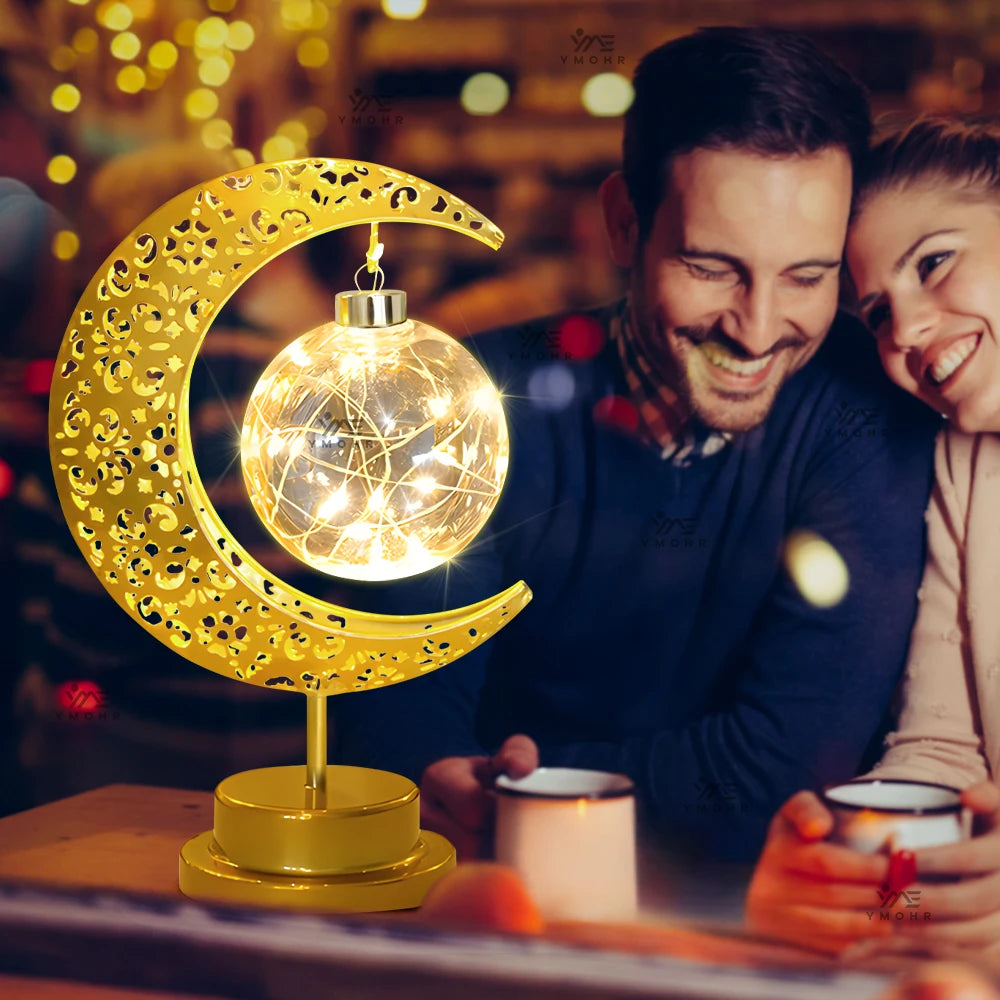 LED Moon Lamp – Golden Crescent Decorative Table Lamp with Hanging Star | Warm White Fairy Light Night Lamp