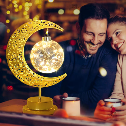 LED Moon Lamp – Golden Crescent Decorative Table Lamp with Hanging Star | Warm White Fairy Light Night Lamp