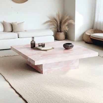 Pink Jade Marble Coffee Table – Luxury Stone Square Tea Table, Designer Living Room Centerpiece for Modern Home