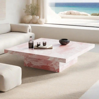 Pink Jade Marble Coffee Table – Luxury Stone Square Tea Table, Designer Living Room Centerpiece for Modern Home