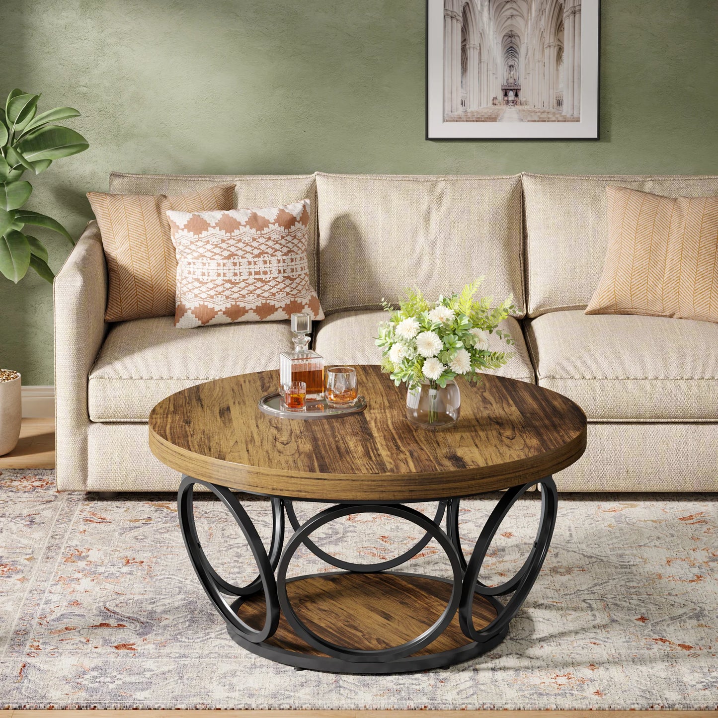 AVITA Round Wooden Coffee Table with Black Metal Frame