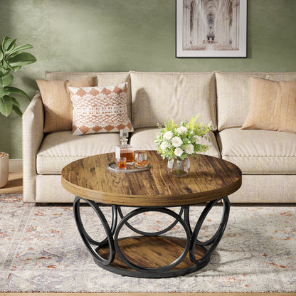 AVITA Round Wooden Coffee Table with Black Metal Frame