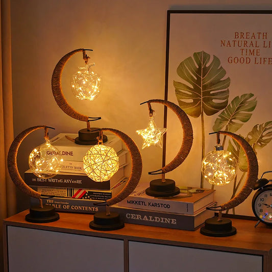 LED Star and Moon Round Rattan Table Lamp