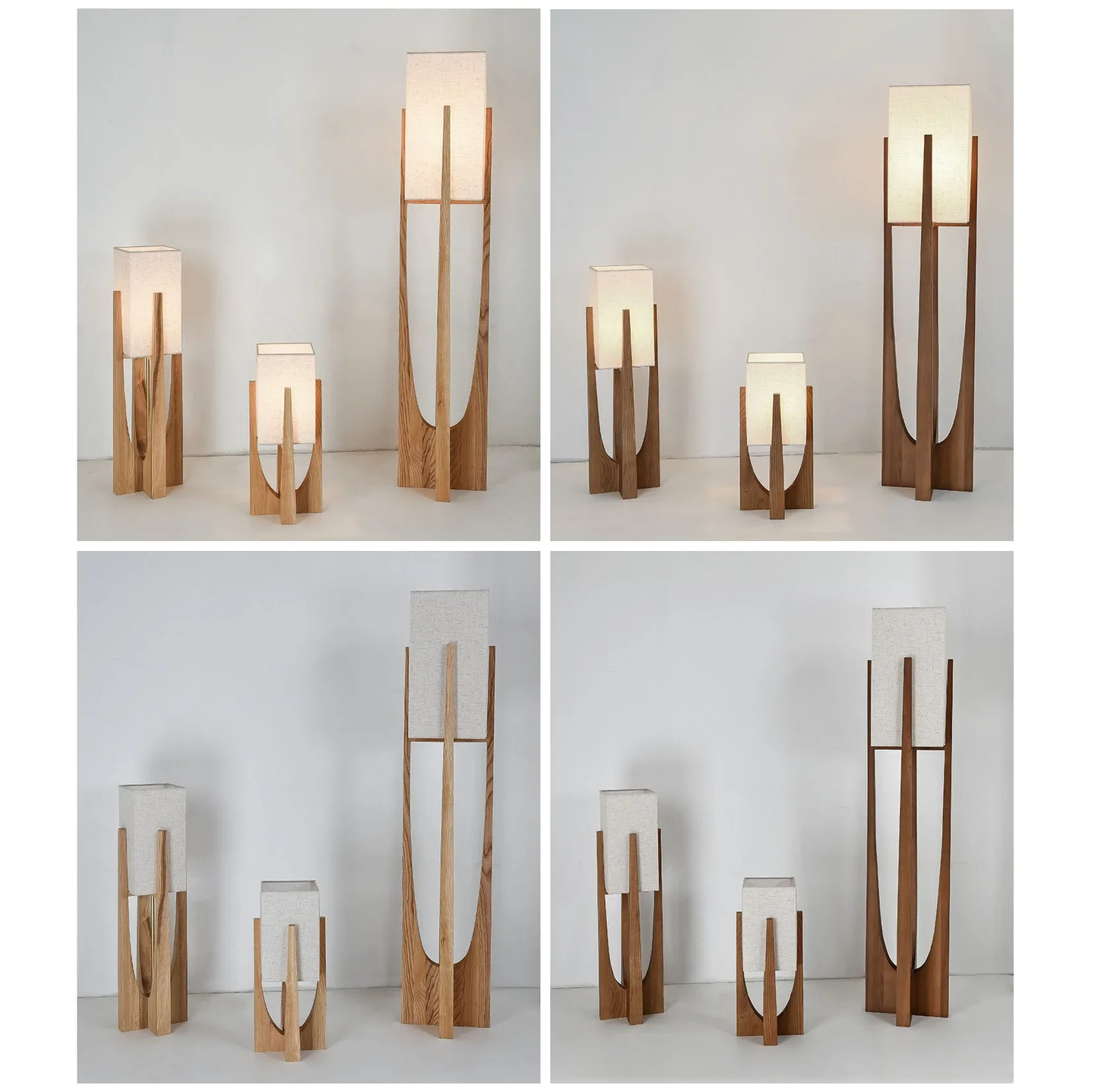Collage of three different sizes of modern floor lamp with wooden base and bamboo shade with on/off look.