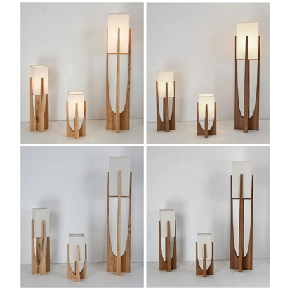 Collage of three different sizes of modern floor lamp with wooden base and bamboo shade with on/off look.