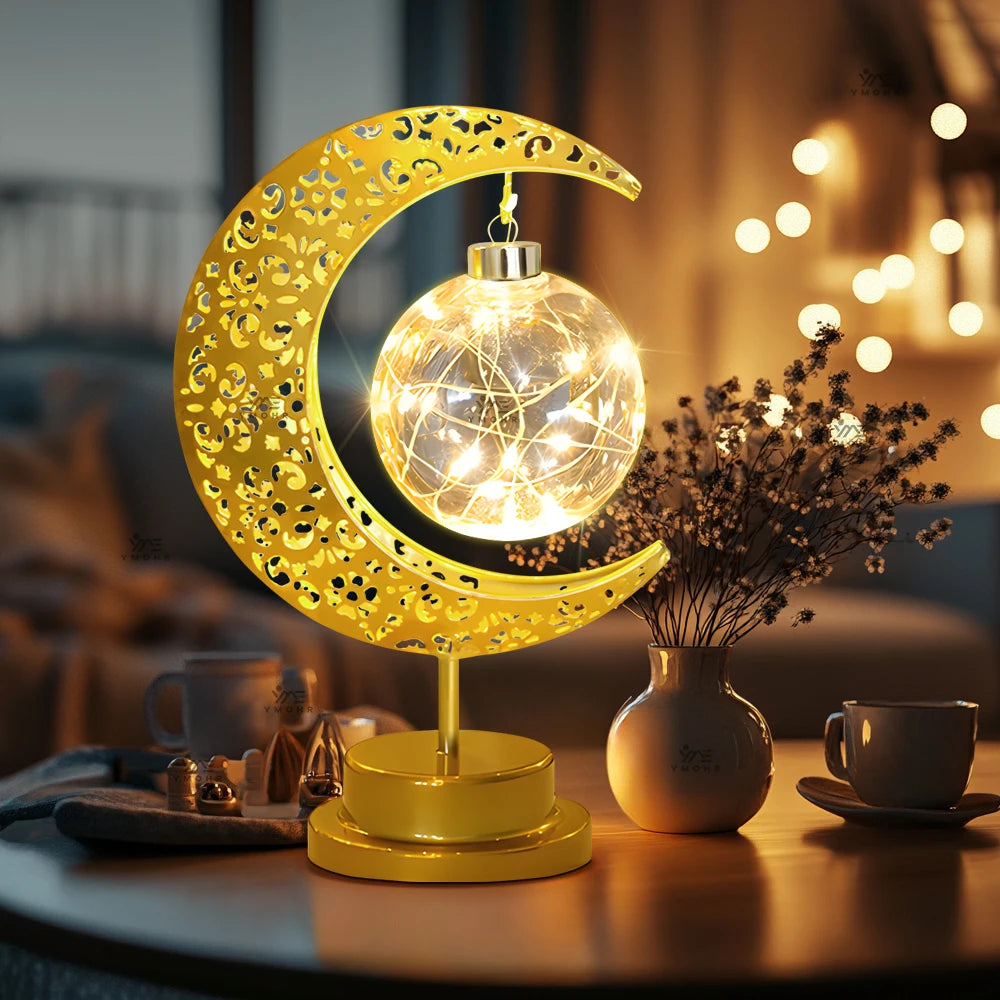 LED Moon Lamp – Golden Crescent Decorative Table Lamp with Hanging Star | Warm White Fairy Light Night Lamp