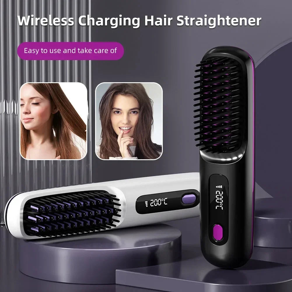 LCD Straight Hair Comb – Portable Cordless USB Hair Straightener & Anti-Scald Heated Styling Brush