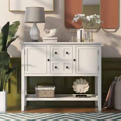 White Wood Sideboard With Drawers and Shelf