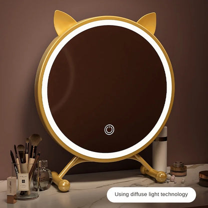 Smart LED Makeup Mirror with Touch Control – Cat-Ear Lighted Vanity Mirror for Bedroom, Desk & Dressing Table