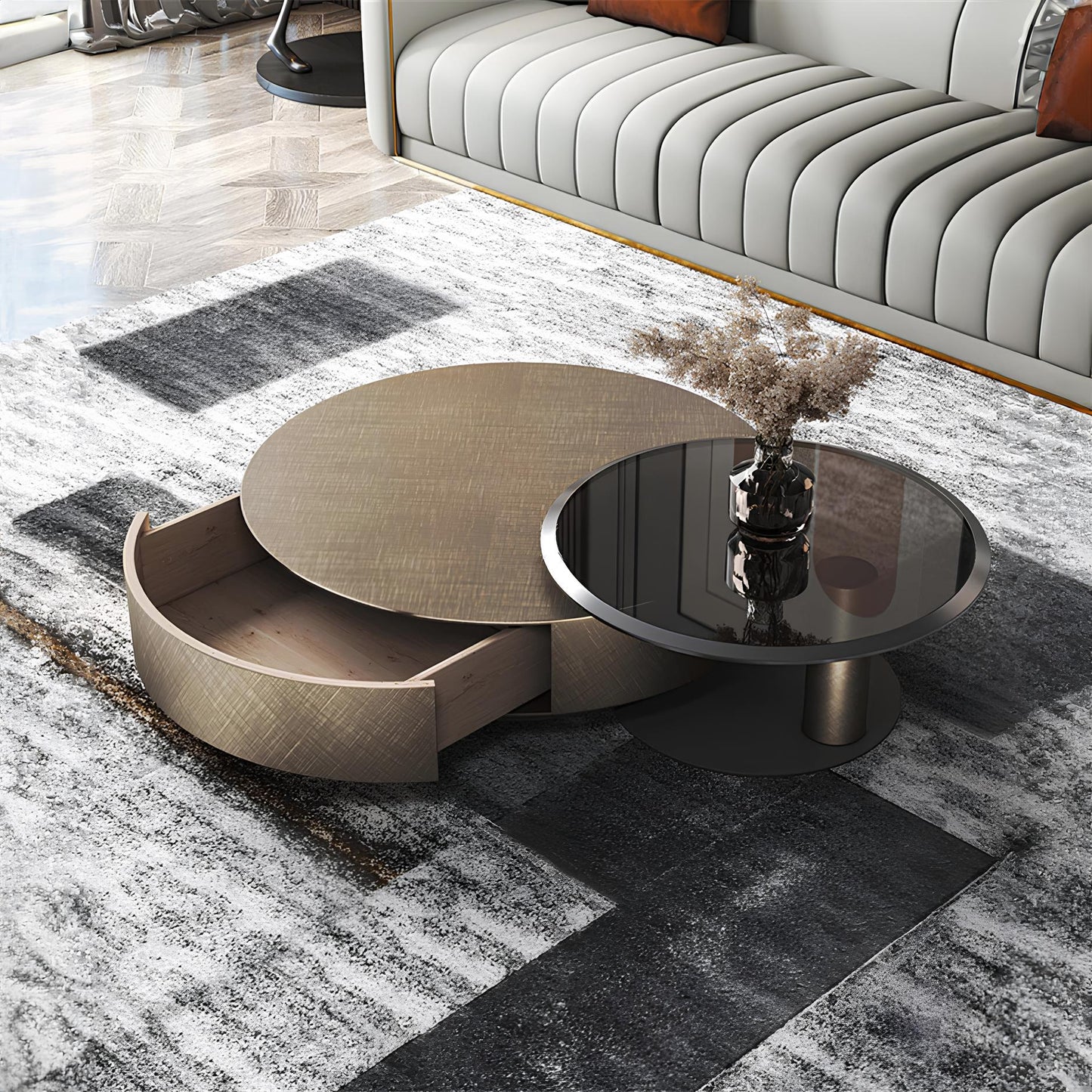 Premium Stainless Steel Round Coffee Tables - Luxurious Tempered Glass Side Table set