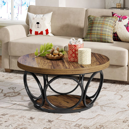 AVITA Round Wooden Coffee Table with Black Metal Frame