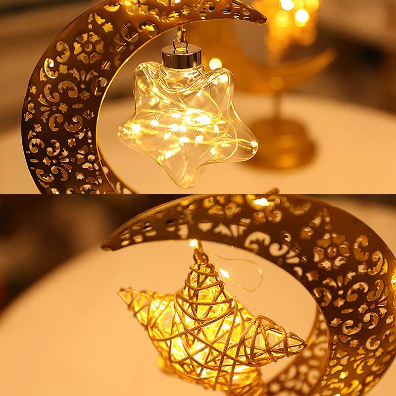 LED Moon Lamp – Golden Crescent Decorative Table Lamp with Hanging Star | Warm White Fairy Light Night Lamp