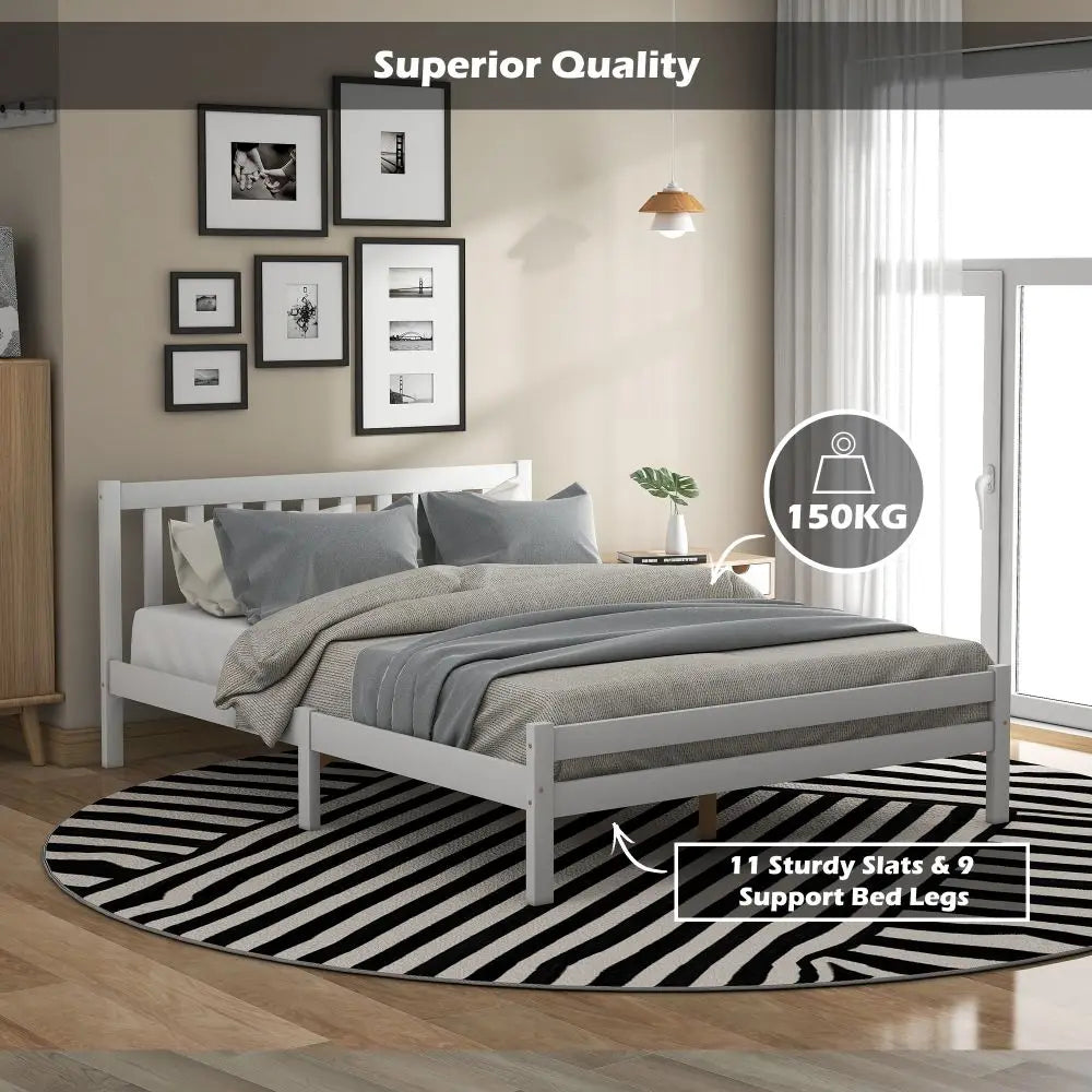 White Grey Solid Wood Double Bed Frame