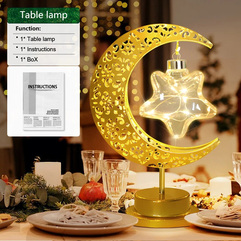 LED Moon Lamp – Golden Crescent Decorative Table Lamp with Hanging Star | Warm White Fairy Light Night Lamp