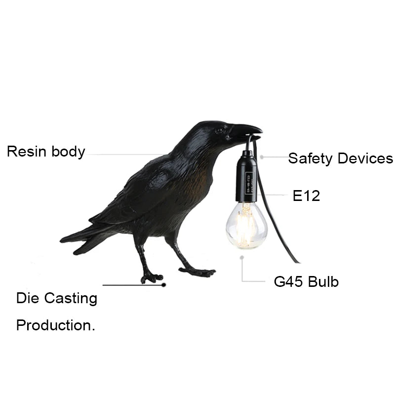 Gothic Raven Lamp – Vintage Resin Bird Lamp for Home Decor, Mysterious Crow Table Light