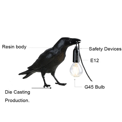 Gothic Raven Lamp – Vintage Resin Bird Lamp for Home Decor, Mysterious Crow Table Light