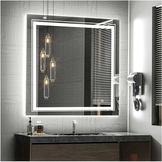 Square Illuminated Wall Bathroom Mirror with LED Lights Dimmable Defog Mirror on Sink