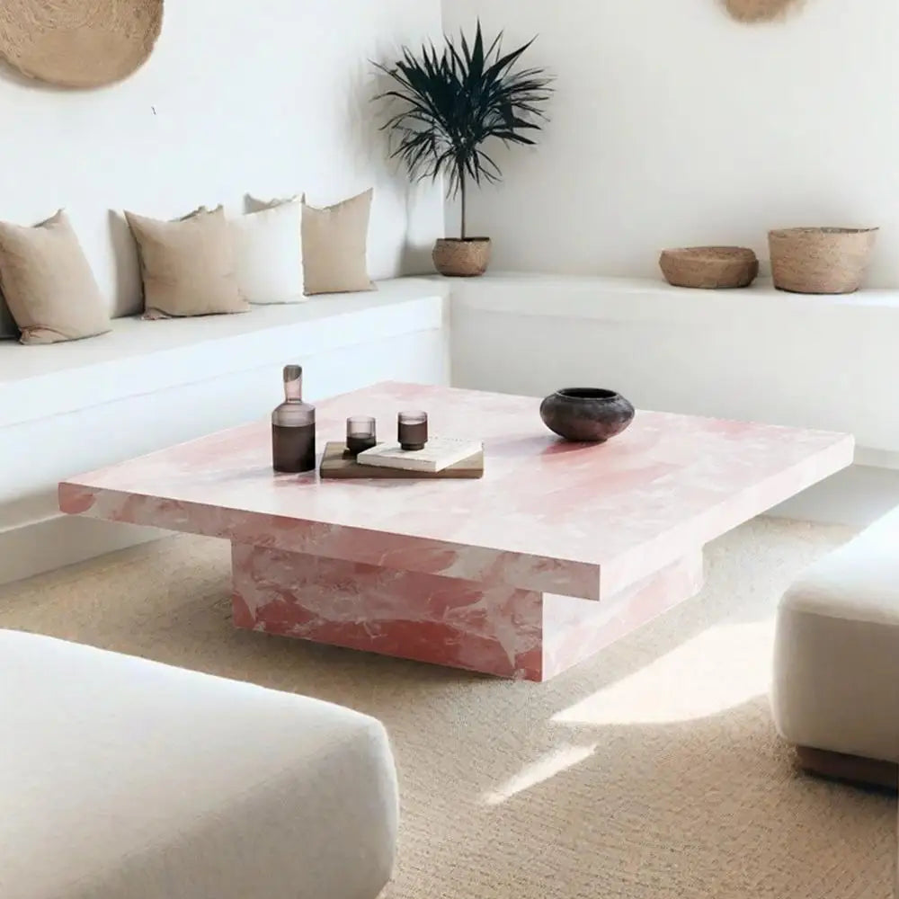 Pink Jade Marble Coffee Table – Luxury Stone Square Tea Table, Designer Living Room Centerpiece for Modern Home