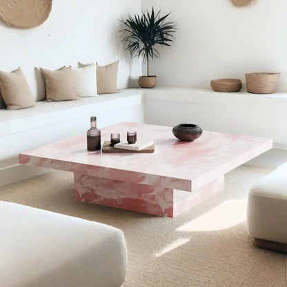 Pink Jade Marble Coffee Table – Luxury Stone Square Tea Table, Designer Living Room Centerpiece for Modern Home