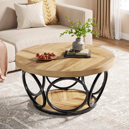 AVITA Round Wooden Coffee Table with Black Metal Frame
