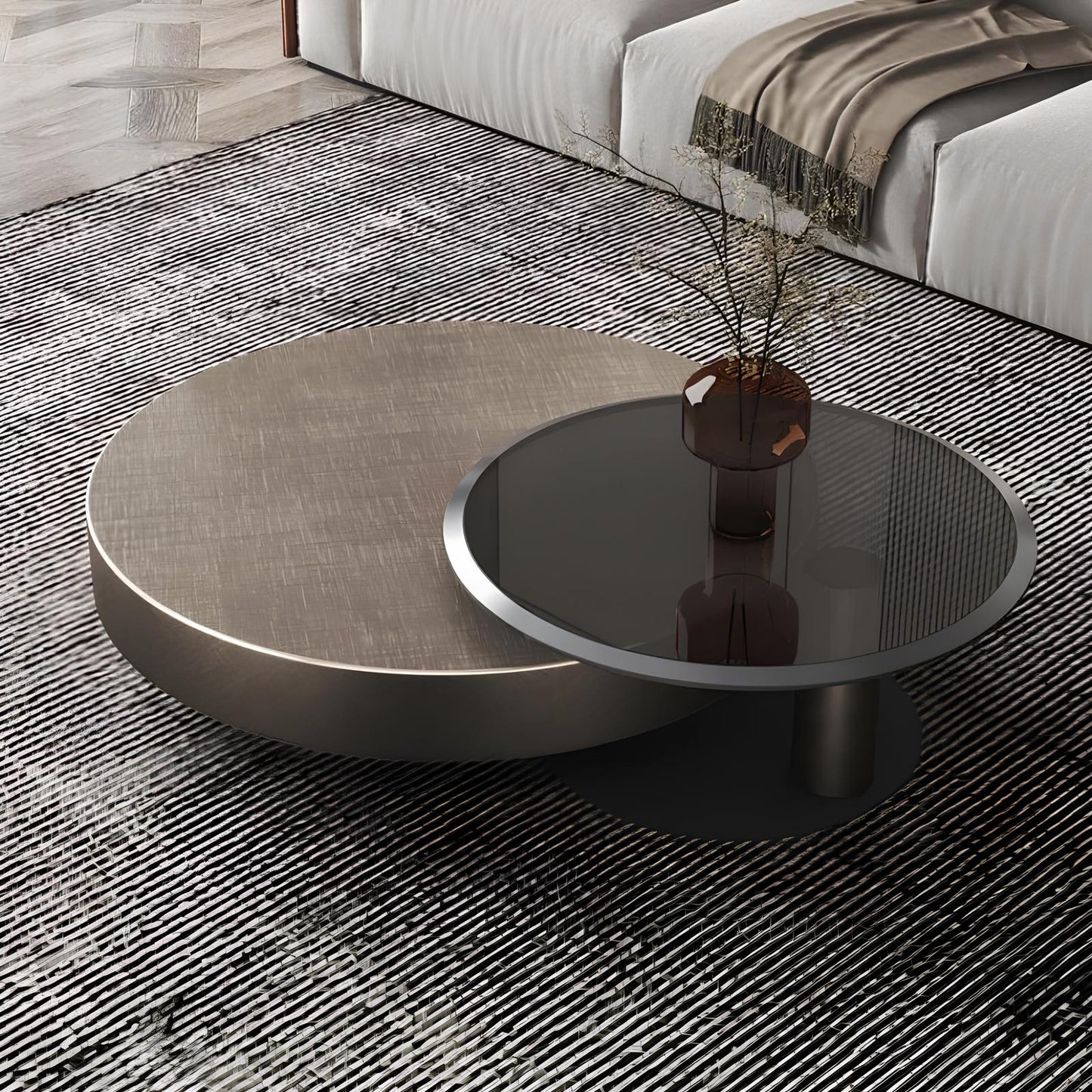 Premium Stainless Steel Round Coffee Tables - Luxurious Tempered Glass Side Table set