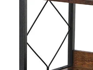Close-up of a wooden shelf with metal decorative elements on a white background
