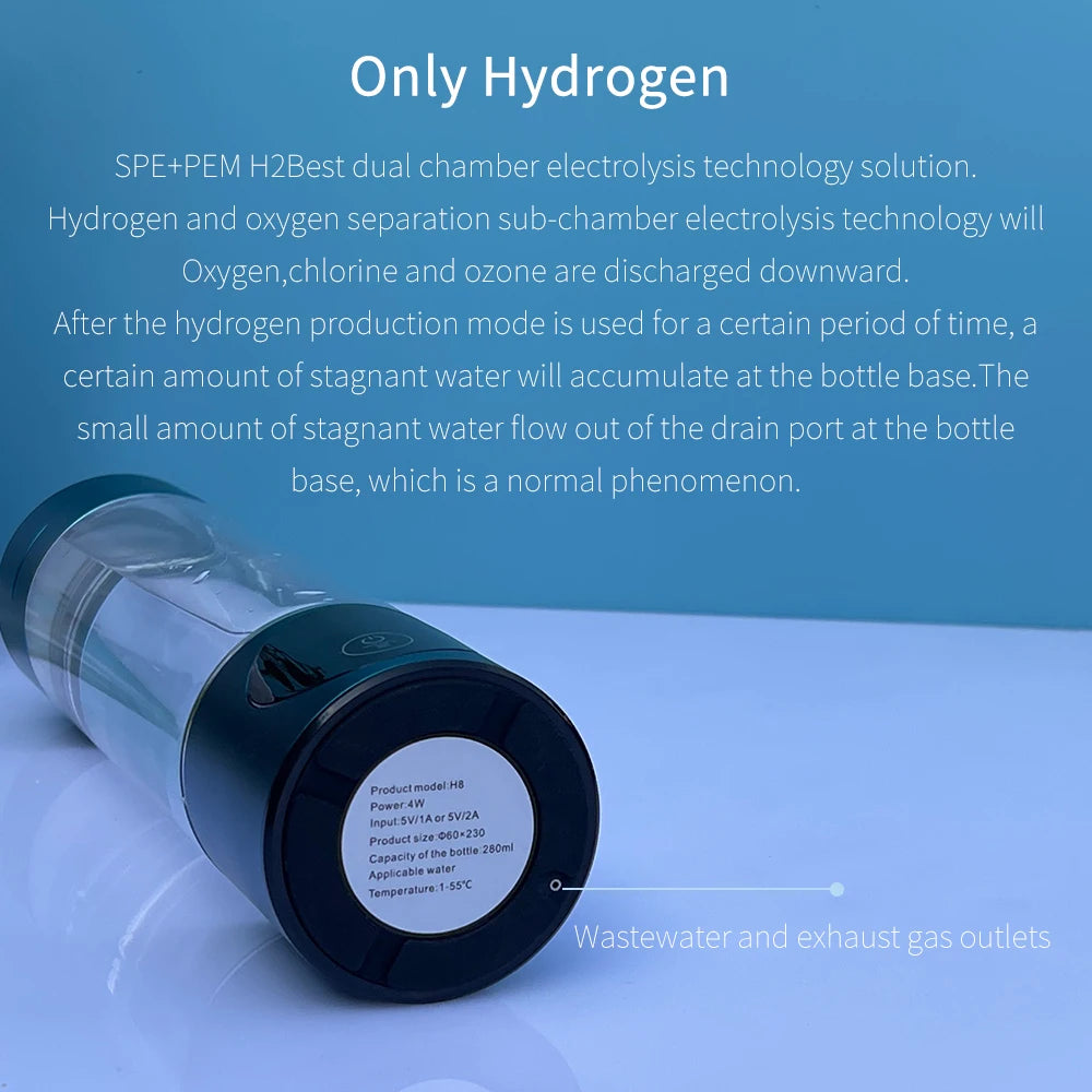 8th Generation Nano Hydrogen Water Bottle – Portable Hydrogen Water Generator with H2 Inhaler (DuPont SPE/PEM, OLED Display)