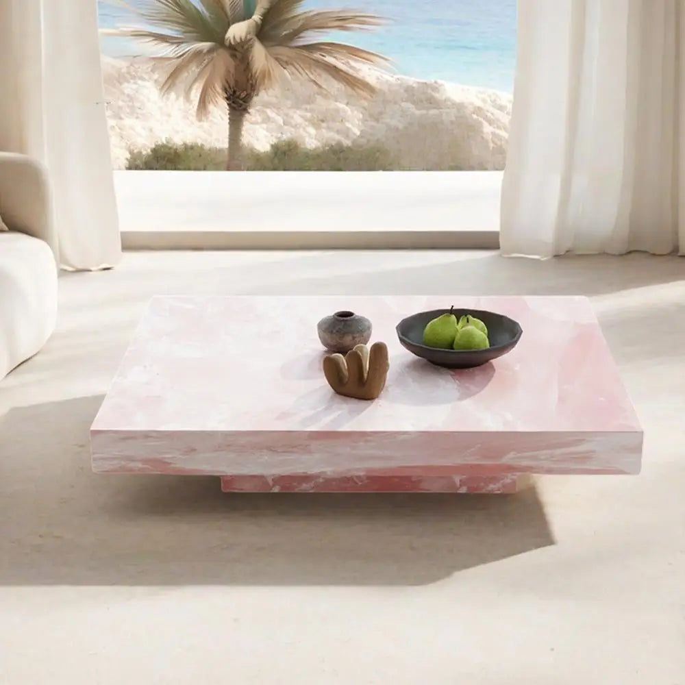Pink Jade Marble Coffee Table – Luxury Stone Square Tea Table, Designer Living Room Centerpiece for Modern Home