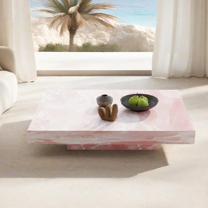 Pink Jade Marble Coffee Table – Luxury Stone Square Tea Table, Designer Living Room Centerpiece for Modern Home