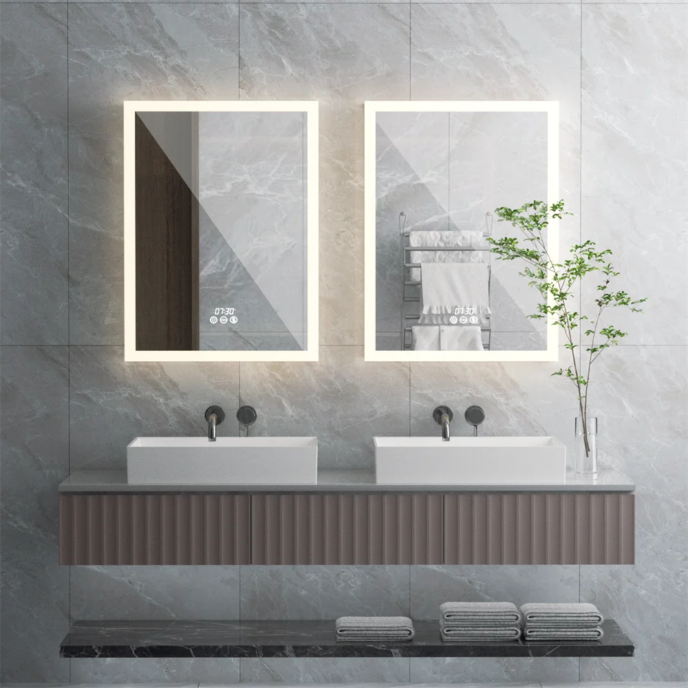 LUVODI Bathroom Mirror Cabinet with LED Light, Time Digital Display, Dimmable, Anti-fog, Touch Sensor and Paper Extraction Port