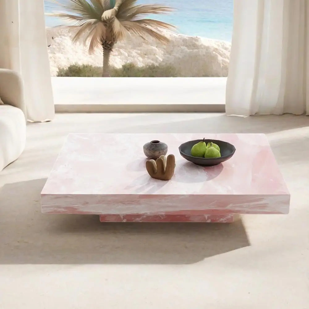 Pink Jade Marble Coffee Table – Luxury Stone Square Tea Table, Designer Living Room Centerpiece for Modern Home