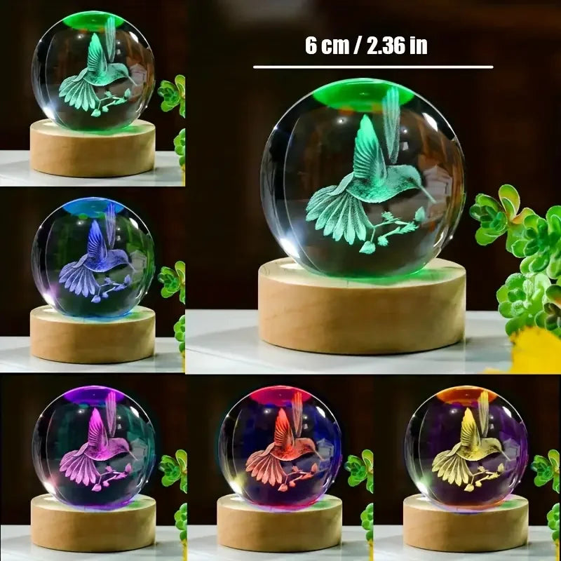 3D Laser Engraved  Hummingbird Crystal Ball Ornament Gift