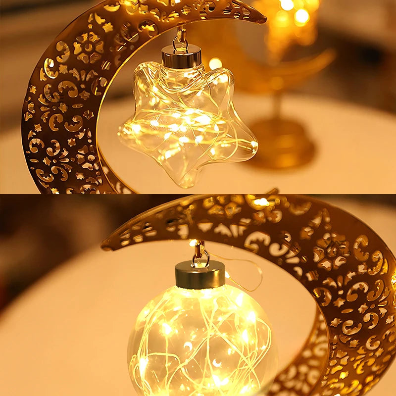 LED Moon Lamp – Golden Crescent Decorative Table Lamp with Hanging Star | Warm White Fairy Light Night Lamp