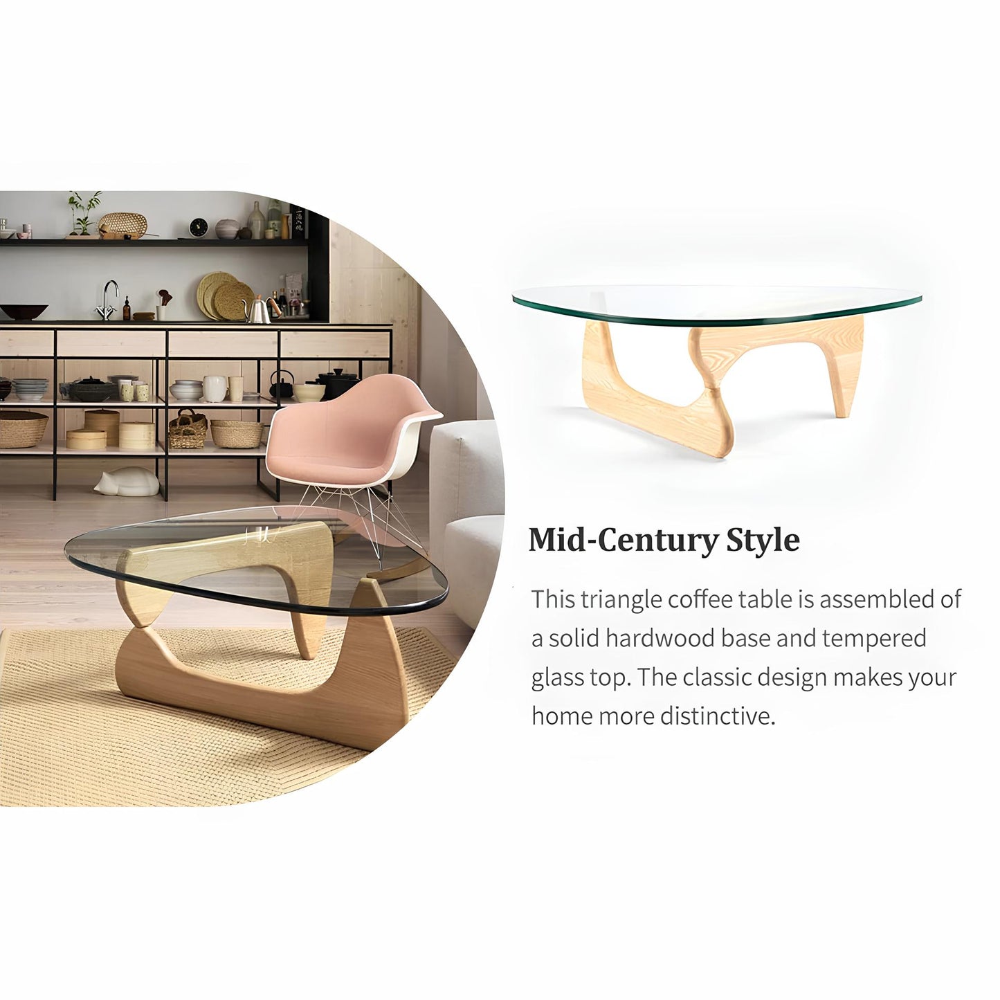 Ash Wood Nordic Tempered Glass  Irregular Round Coffee Table